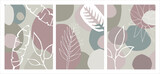 Set of  minimalist hand draw illustrations green leaves and pastel simple shape with some flower