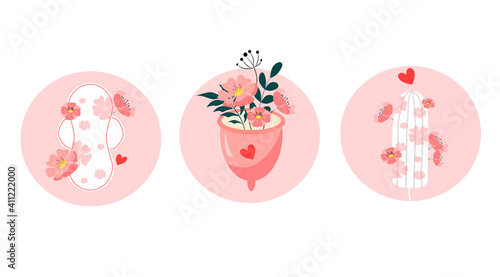 vector hand drawn illustration - female hygiene items for menstruation period - panty liner, menstrual cup and tampon. trandy flat illustration for websites, applications, magazines