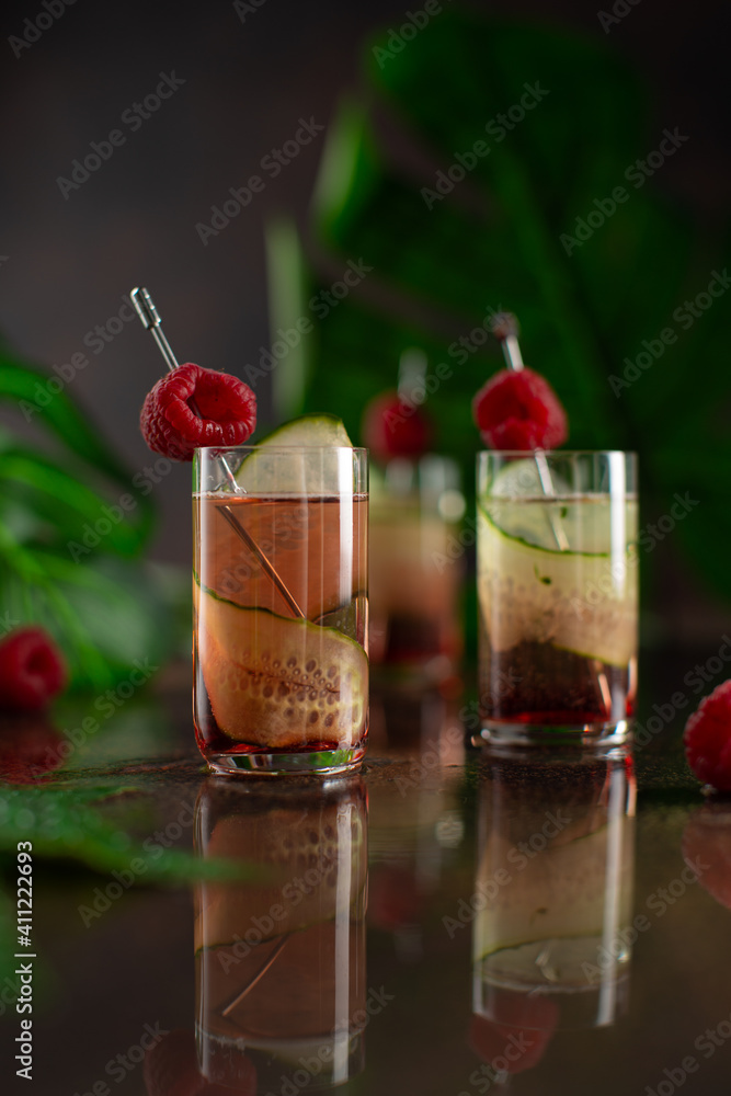 Set of cocktails in shot glasses with cucumber,berry liqueur and raspberries on dark background with reflection and palm leaves.Recipe,bar menu.Close up,selective focus. Set of cocktails in shot glasses with cucumber,berry liqueur and raspberries on dark background with reflection and palm leaves.Recipe,bar menu.Close up,selective focus.