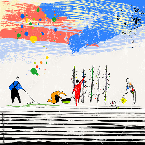 abstract background composition, illustration with figures, graphic elements, with paint strokes and splashes