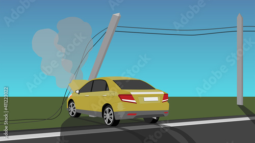 Damage yellow car crash pole electric city accident cannot drive. Front of car is open with smoke to outside. with asphalt and green meadow for background.