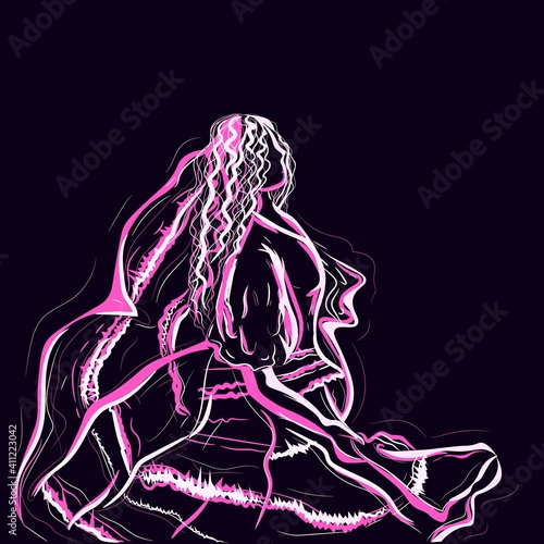 Abstract neon illustration of a woman performer for Cinco de Mayo. Spanish girl dancing and wearing a traditional colorful dress. Latin american celebration.