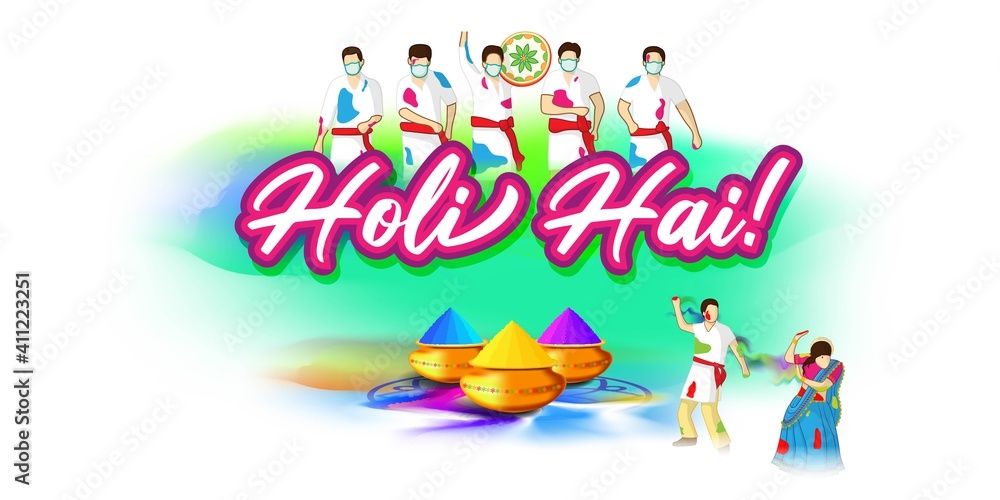 Vector illustration of Happy Holi greeting, written text means it's Holi, Festival of Colors, festival elements with colorful Hindu festive background Vector illustration of Happy Holi greeting, written text means it's Holi, Festival of Colors, festival elements with colorful Hindu festive background