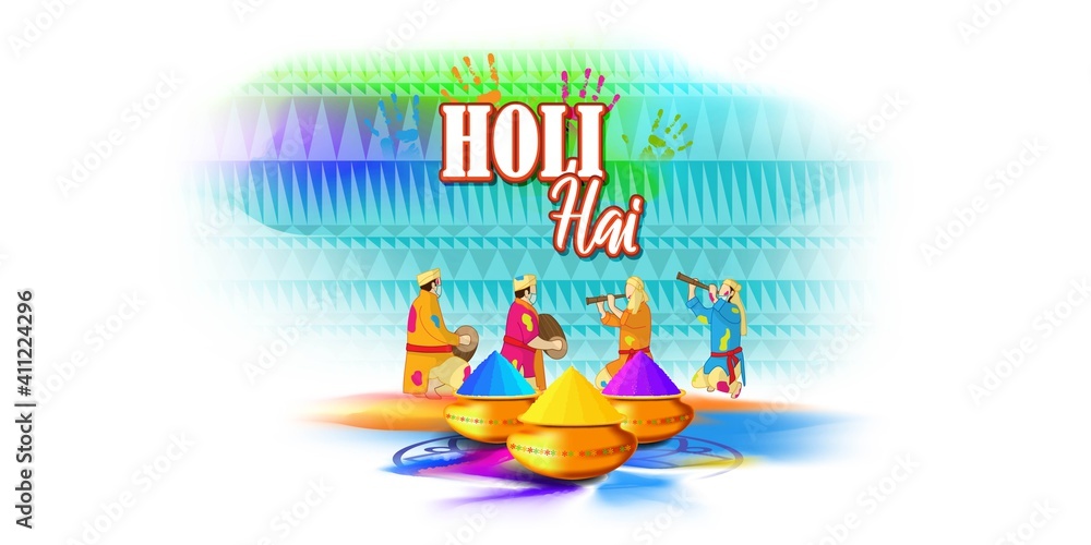 Vector illustration of Happy Holi greeting, written text means it's Holi, Festival of Colors, festival elements with colorful Hindu festive background