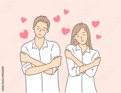 Couple hugging herself with hearts on pink background. Self love and self care. Love yourself. Love your body concept. Hand draw style. Vector illustration.