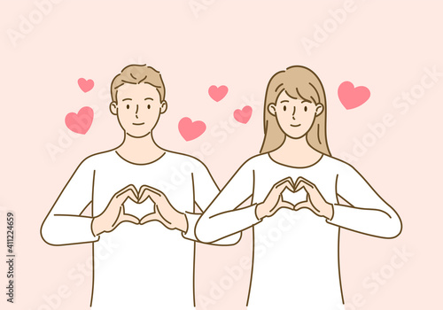 Couple making hart shape with hands. Love and Valentine's day concept. Hand draw style. Vector illustration.