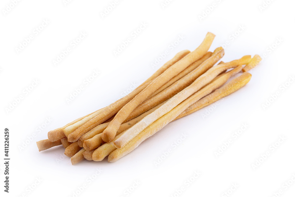 Gressini breadsticks made of wheat flour isoltaed on white background. Crispy bread from France