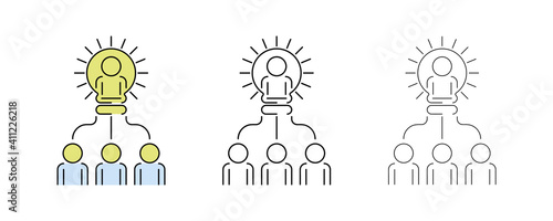 The person who leads for your team and leads with invention. The person inside the light bulb. Icon drawings in different thicknesses and colors. Teamwork vector icons. Editable Stroke. Line art icon.