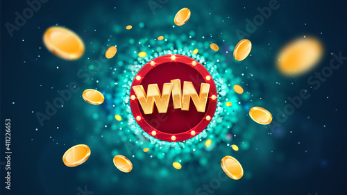 Celebration win gold text on retro red board vector banner. Win congratulations in frame illustration for casino or online games. Explosion coins on dark blue background with blur motion effect