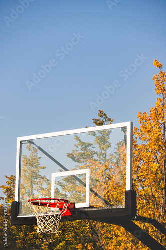Basketball hoop with net in autumn park