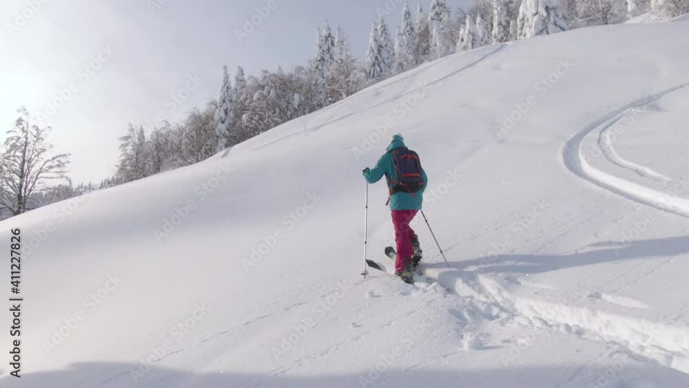 DRONE Fit Caucasian woman observes the beautiful snow covered nature while crossing the wintry landscape during ski touring trip to Bohinj. Active female tourist hikes along a hill while splitboarding DRONE Fit Caucasian woman observes the beautiful snow covered nature while crossing the wintry landscape during ski touring trip to Bohinj. Active female tourist hikes along a hill while splitboarding