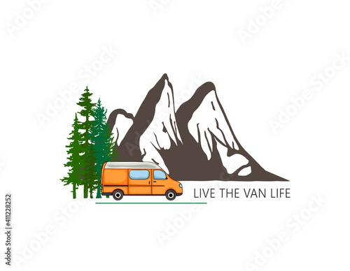 Camper van with forest and mountains in the background. Living van life, camping in the nature, travelling. Live the van life text. Illustration. 