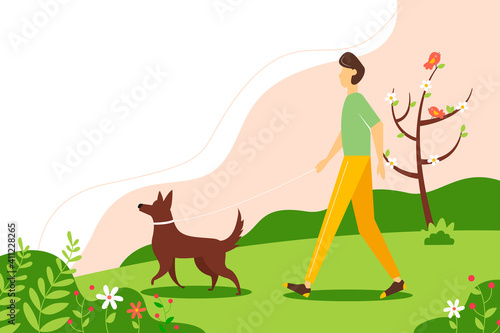Man walking with the dog in the park in spring. Cute vector illustration in flat style.