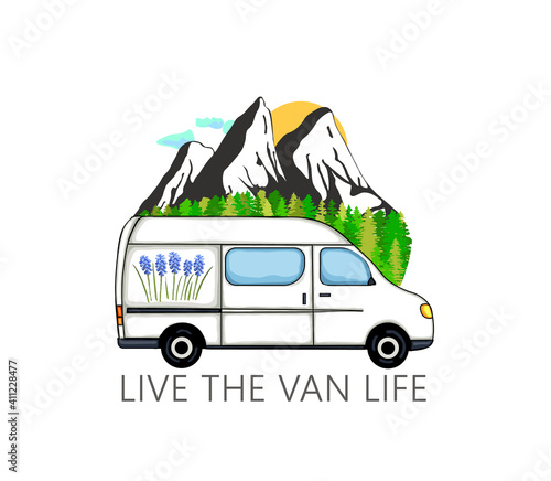 Camper van with forest and mountains in the background. Living van life, camping in the nature, travelling. Live the van life text. Illustration. 