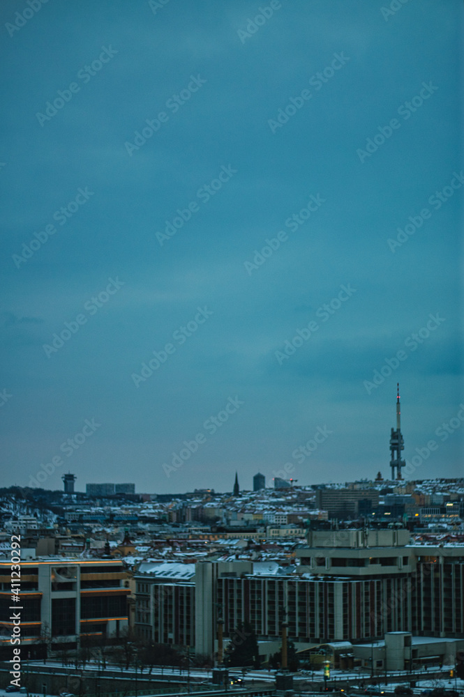 Far view of Prague Tv tower on a cold winter