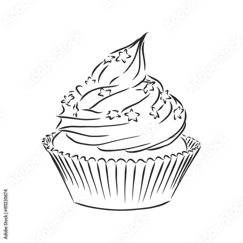 Set of sweet bakery decorated cupcakes hand drawn in vintage engraved style. Vector illustration. Isolated on white background. cupcake cake vector sketch illustration