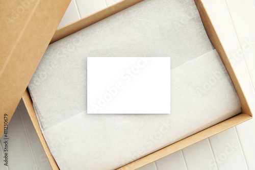 Blank card in gift box, shop, business or Thank you card mockup for design presentation.