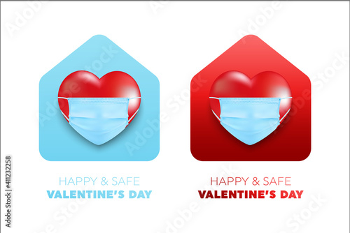 Happy and safe valentine day Protection of coronavirus and covid Valentine Day. Celebrating Valentine's Day safely during the coronavirus pandemic.Vector illustration love banner.