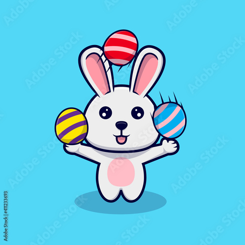 Cute bunny playing with decorative eggs for easter day design icon illustration © Illusmile 