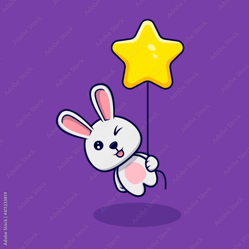 Cute bunny floating with star balloon design icon illustration Cute bunny floating with star balloon design icon illustration