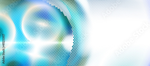 Light blue, white abstract backdrop textured by hexagons, unearthly technologies, circle blurred interface with hexs. Perforated cover. Minimal composition with hex shapes. Vector illustration Eps 10.