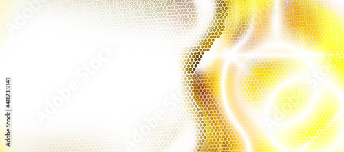 Yellow and white abstract background textured by hexagons, unearthly technologies, circle blurred interface with hexs. Perforated cover. Minimal composition with hex shapes. Vector illustration Eps 10