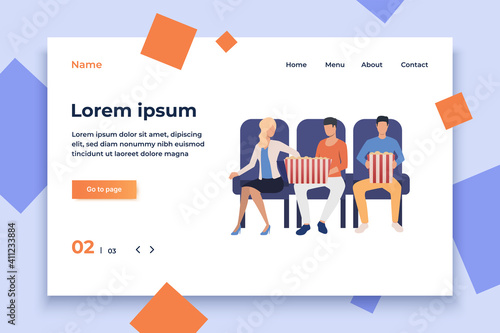 Friends sitting at cinema. Armchair, popcorn, movie. Happy friends concept. Vector illustration for website, landing page, online store