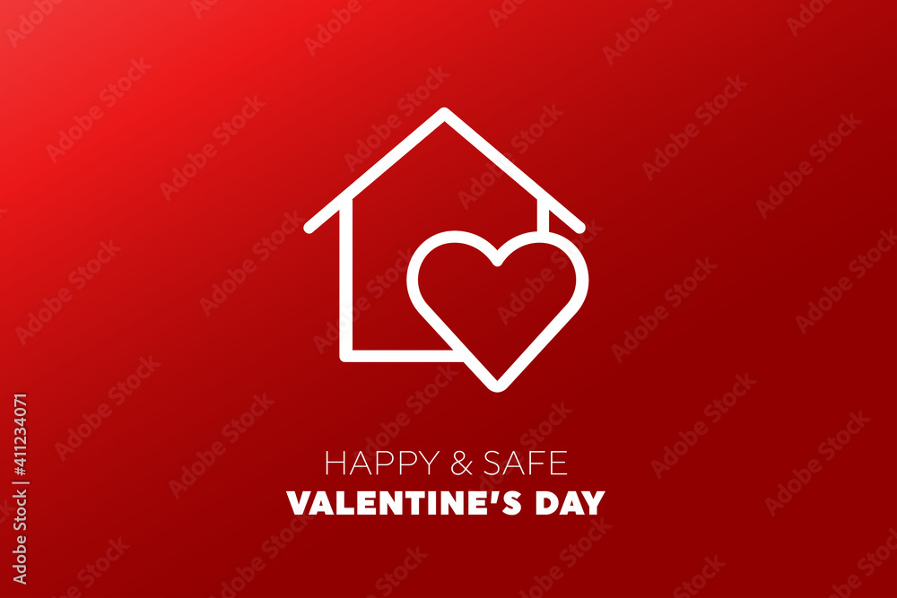Cute flat outline heart and house. Happy and safe valentine day Protection of coronavirus and covid Valentine Day. Vector illustration love banner.