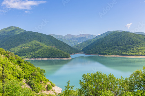 Zhinvali reservoir, lake landscape with mountains, Georgian military road. Georgia.
