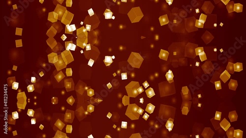 Glowing boxes swirling around against red background