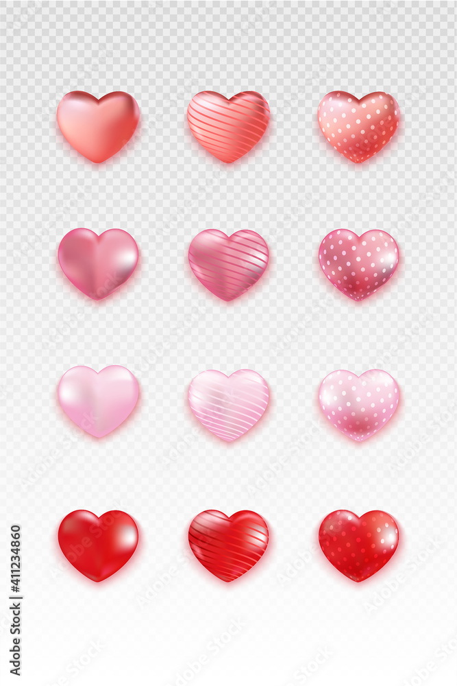 Different Heart set Isolated On Transparent Background. Realistic Romantic Element. For Wedding, Anniversary, Birthday, Valentine's Day, Party Invitations, Scrapbooking. Vector Illustration.