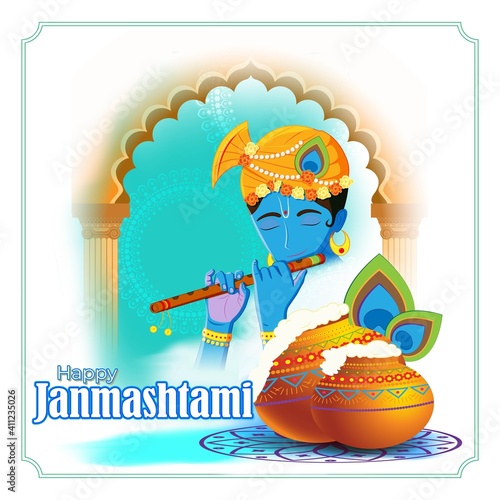 vector illustration for Indian festival Janmashtami, birth of lord Krishna (Hindu god), butter pots, flute on colorful abstract background © NAVIN