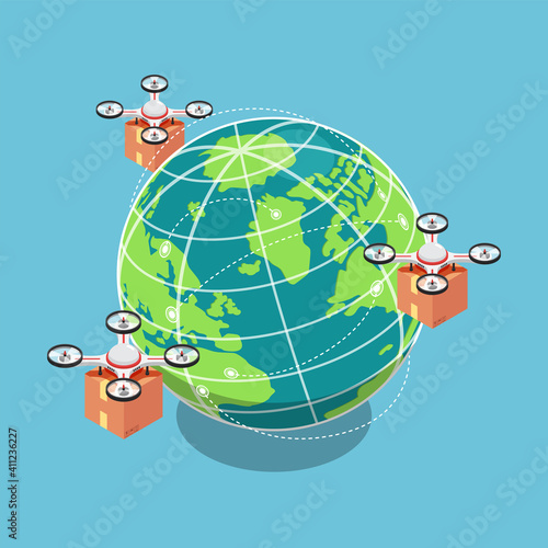 Isometric Quadcopter or Drone Flying and Carrying a Package to Delivery Around The World