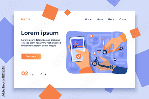 Hand of person using scooter rent or sharing app with city map on smartphone. Vector illustration for urban vehicle, city transport, communication concept