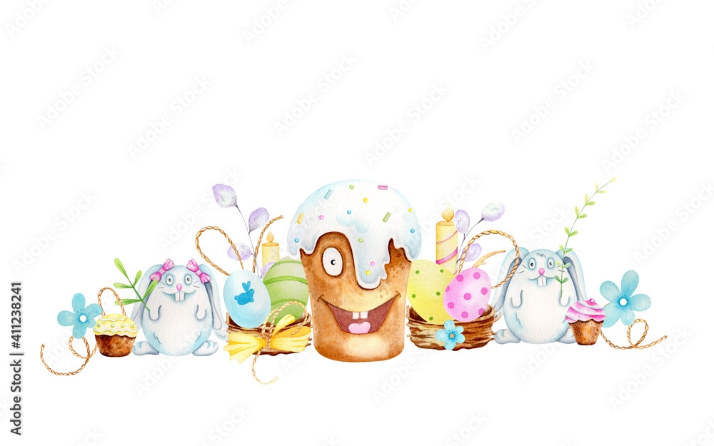 Obraz premium Funny tasty Easter cake. Easter eggs. Candle. Watercolor.