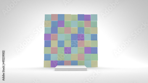 Rectangular multicolored mosaic podium for displaying goods and products. Square rainbow stand on a white background. Empty stage for advertising. 3d render.