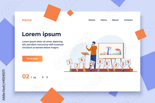 Auctioneer with hammer selling artwork on stage. Buyers holding signs with offers flat vector illustration. Auction, trade, bidding concept for banner, website design or landing web page