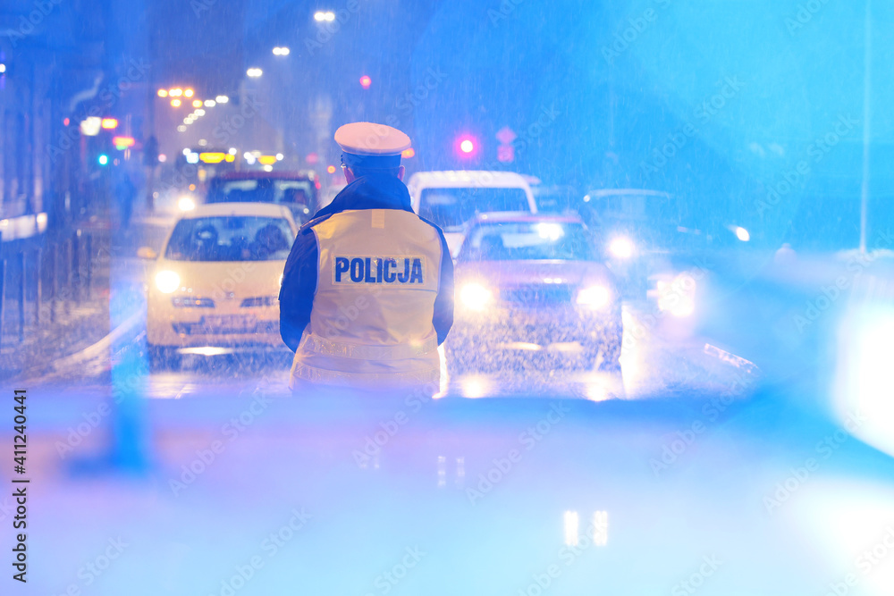 Naklejka premium Policjanci ruchu drogowego kierują ruchem w czasie opadów śniegu. 