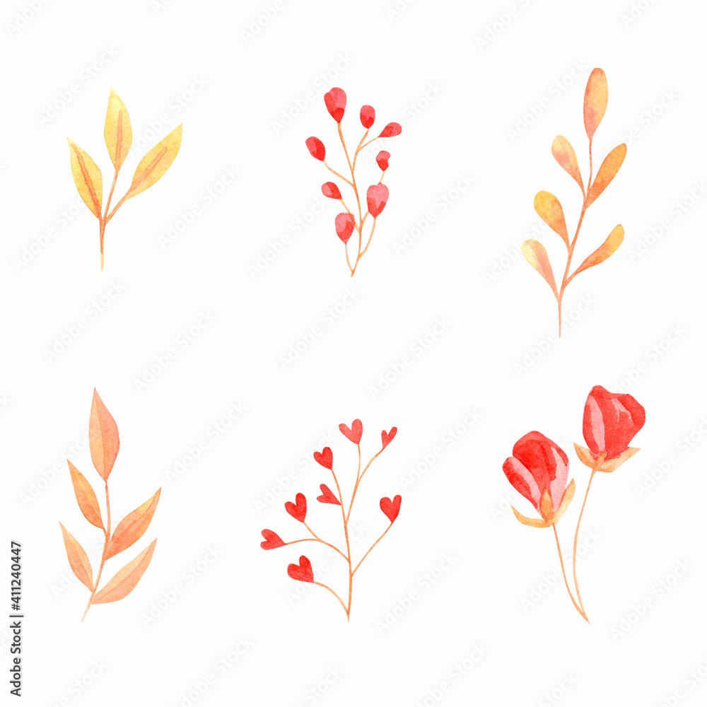 Yellow watercolor twigs and leaves. Red decorative elements