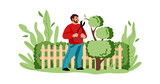 Agricultural worker cutting tree. Cartoon man decorative trimming branches with secateurs. Gardening concept. People care of shrub in garden. Character improves plants in yard. Vector illustration