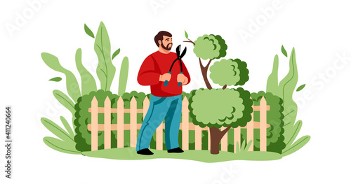 Agricultural worker cutting tree. Cartoon man decorative trimming branches with secateurs. Gardening concept. People care of shrub in garden. Character improves plants in yard. Vector illustration