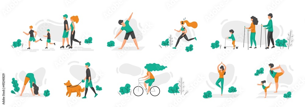 Healthy family. Cartoon people doing sport exercises. Men and women riding bicycles and scooters, running or roller skating, walking with dogs. Yoga and fitness training. Vector outdoor workout scenes
