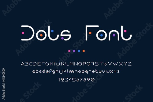 Dots font. Abstract alphabet with uppercase or lowercase letters for logo and poster headers. Collection of text symbols or numbers. Geometric typeface with colorful points. Vector typographic typeset