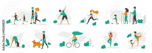 Healthy family. Cartoon people doing sport exercises. Men and women riding bicycles and scooters, running or roller skating, walking with dogs. Yoga and fitness training. Vector outdoor workout scenes