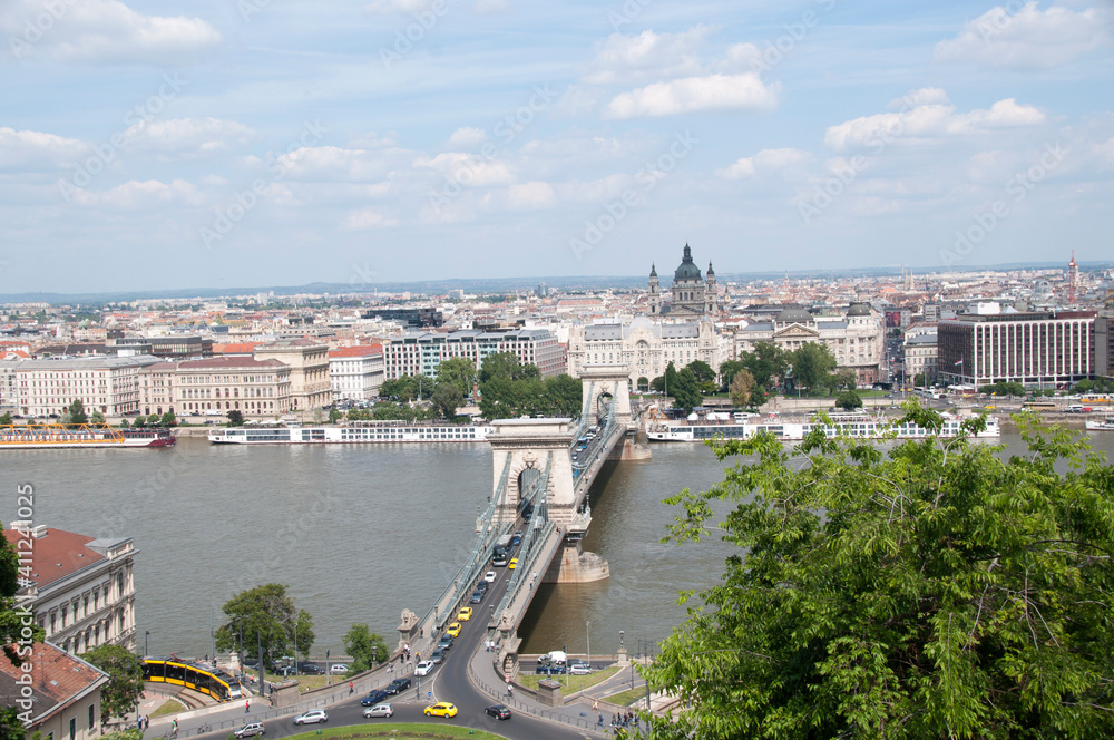 Panoramic top view of the Szechenyi chain bridge and the Danube river, on a summer day, Hungary.