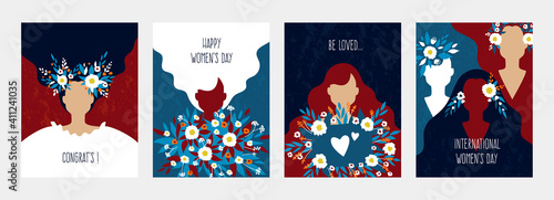 Abstract woman poster. Greeting cards for Woman's Day. Minimal young female silhouettes, cute girls with long loose hair holding flower bouquets. Flat style colorful banners set, vector modern collage