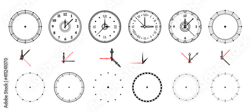 Clock face. Vintage and modern watch dial with decorative and minimal arrows. Roman or Arabic numerals and measurement pointers. Contour chronometers design templates kit. Vector round timepiece set