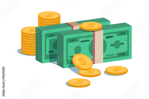 Money. Cartoon gold coins and bundle of green paper banknotes. Financial banking transactions. Earnings and savings or investment. Currency exchange. Commerce success and wealth, vector illustration