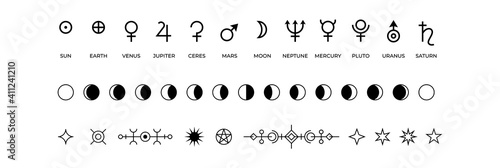 Moon phases icons. Black and white symbols of solar system planets or lunar cycle. Monochrome mystic occult outline isolated signs. Antique space objects names. Vector astrological silhouettes set