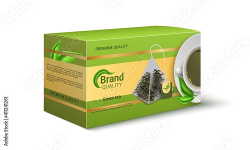 Packaging of green tea. Realistic product pack design. Brand identity template with copy space. Pyramid shaped bags for dried leaves. Premium quality merchandise. Vector square cardboard container